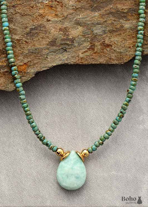 Boho Necklace, Seed Beads, Amazonite and Lapis
